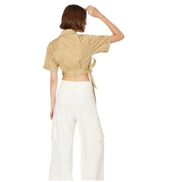 EUC! DEREK LAM Collective Cropped S/S Wrap Jacket Khaki Cotton Utility 42 S - Picture 3 of 12